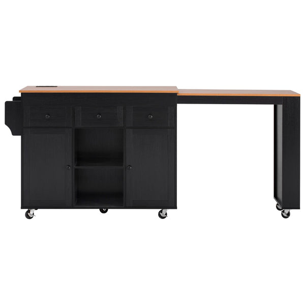 English Elm K&k Rolling Kitchen Island with Extendable Table Open Shelving and Built-in Power Outlet Black N707P360278B
