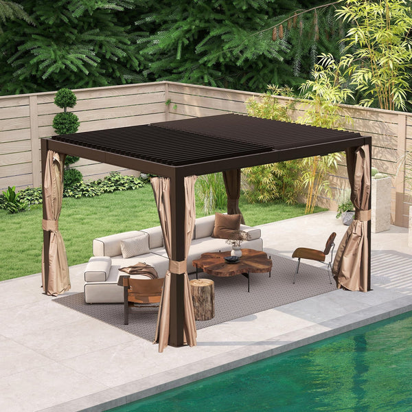 English Elm 10x12 Modern Brown Louvered Pergola with Dual Adjustable Aluminum Louvers, Gutter, Secure Mounting W1859S00124