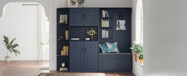 English Elm Multifunctional Modular Hall Tree Cabinet with Open Shelves and Hooks for Entryway Antique Blue W1580S00520