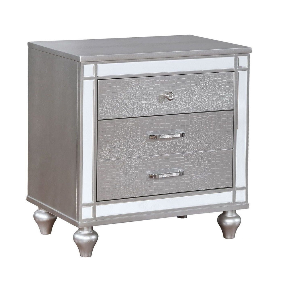 English Elm Silver Contemporary Nightstand with Crocodile-Textured Panels, Mirror Trim & Felt-Lined Top Drawer, Ornate Bun Feet B011P402572