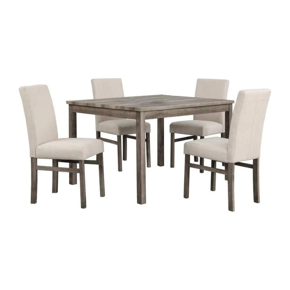 English Elm 5 Piece Oak Finish Transitional Dining Set with Linen Upholstered Chairs Seats Four B011S02294