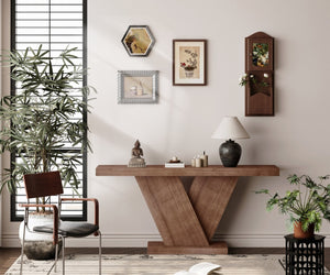 English Elm 66" Mid-century X-leg Console Oak Wash Veneer Entryway Sofa Table Geometric Base Walnut W1435P337637