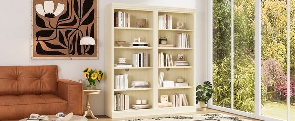 English Elm 83" 5-Tier Bookcase Suite with LED Light Strip, Adjustable Shelves, Cable Management & Solid Wood Frame Beige+yellow N751S246920A