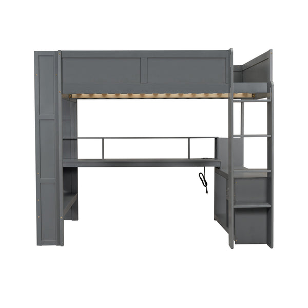 English Elm Wood Full Size Gaming Loft Bed with Desk, LED Lights, USB Charging Ports & Multi Storage Dark Gray SM000374AAE