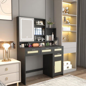 English Elm Makeup Vanity with Lights, Openable Mirror & Ample Storage Shelves, 4 Drawers and Cabinet Elegance Black W2227P160482