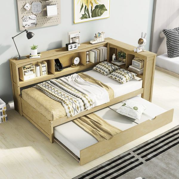 English Elm Twin Size Daybed with Trundle, Built-In Storage Cabinets, Curved Details and Dual USB Ports for Small Spaces Wood GX000353AAD