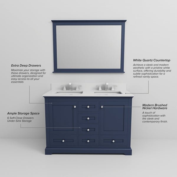 English Elm Navy Double Bath Vanity 48" W x 22" D with White Quartz Top, Soft-Close Storage & 46" Mirror B2731S00645