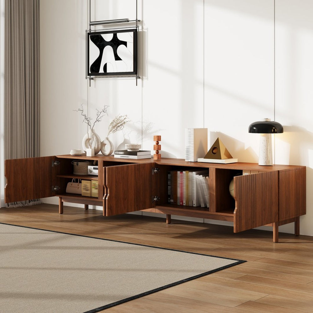 English Elm 87- Inch Rattan Media Console with Rubberwood Legs Four Cabinets Living Room N710P407809P