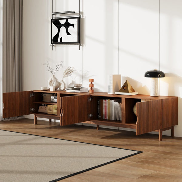 English Elm 87- Inch Rattan Media Console with Rubberwood Legs Four Cabinets Living Room N710P407809P
