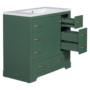 English Elm 36" Modern Bathroom Vanity with Ceramic Sink, Six Drawers, Adjustable Shelf, Solid Wood Build Green SY999808AAF-6