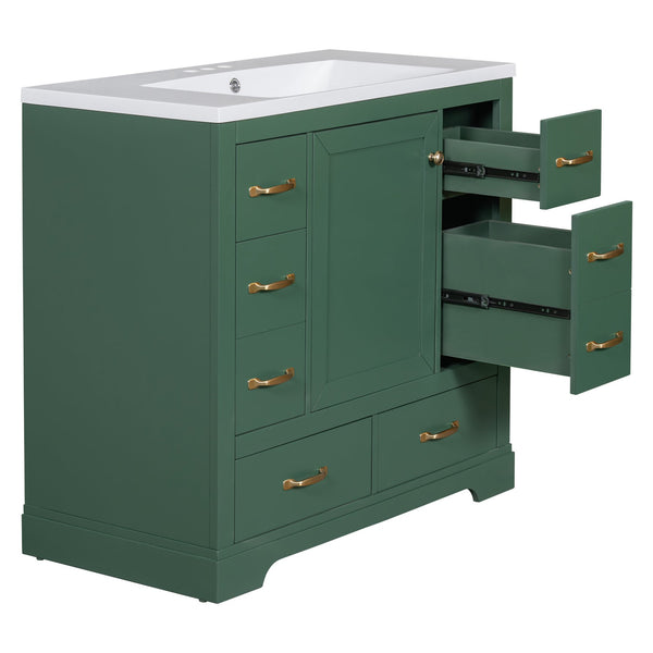 English Elm 36" Modern Bathroom Vanity with Ceramic Sink, Six Drawers, Adjustable Shelf, Solid Wood Build Green SY999808AAF-6