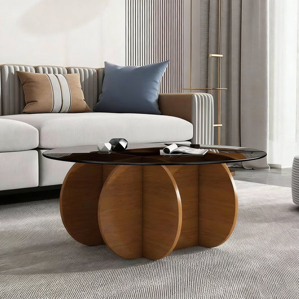 English Elm Modern Round Glass Top Coffee Table with Walnut Wood Base for Living Room Decor W3101P417725