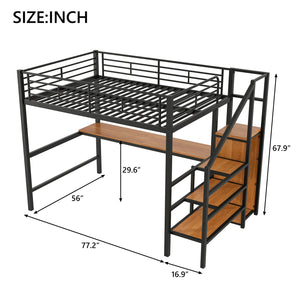 English Elm Full Size Metal Loft Bed With Desk, Storage Steps, Wardrobe, Led Light - Perfect For Small Spaces! GX000620AAB-1