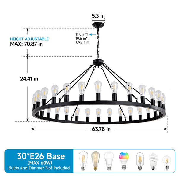 English Elm 64 Inch Wagon Wheel Chandelier Matte Black Farmhouse 30 Light Powder Coated Ring W5008P392688
