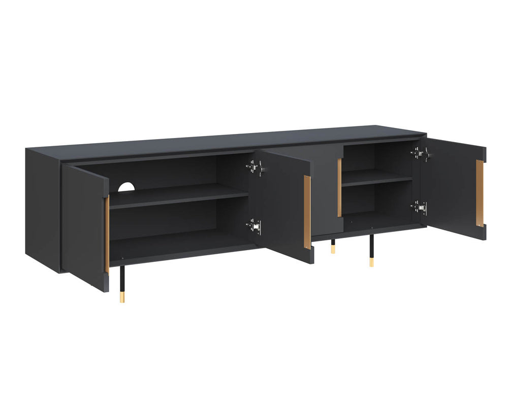 Sunpan Danbury Modern Media Console with Rustic Bronze Accents and Gold Caps - Slate Navy Finish Elegance