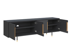 Sunpan Danbury Modern Media Console with Rustic Bronze Accents and Gold Caps - Slate Navy Finish Elegance