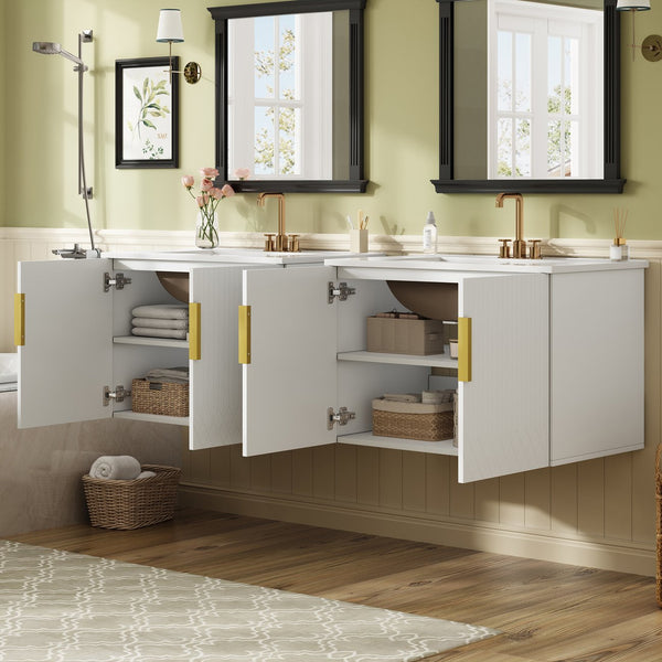 English Elm 60" Vintage Bathroom Vanity with Ceramic Sink Wall-Mount Modern Striped Design Durable MDF Wood Finish White N710SS00010K