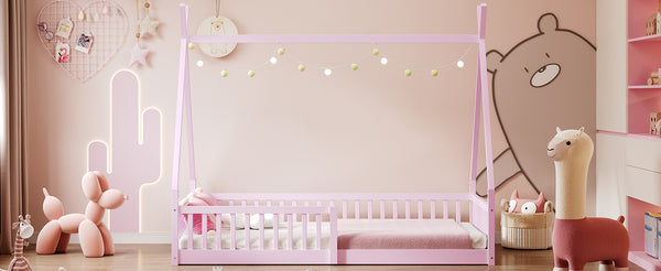 English Elm Twin House Bed with Roof and Fence for Kids – Sturdy Pine Frame, Vintage Wash Design, Safe Sleep Space Pink N709P183348H