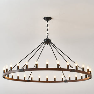 English Elm 53.15 Inch Wagon Wheel Chandelier Wood Matte Black 30 Light Seeded Glass Farmhouse W5008P464800