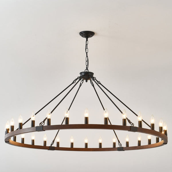 English Elm 53.15 Inch Wagon Wheel Chandelier Wood Matte Black 30 Light Seeded Glass Farmhouse W5008P464800
