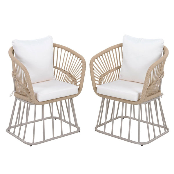 English Elm Outdoor Wicker Dining Chair with Fan Back Teak Finish Steel Frame and Cushion Included N770P385227B