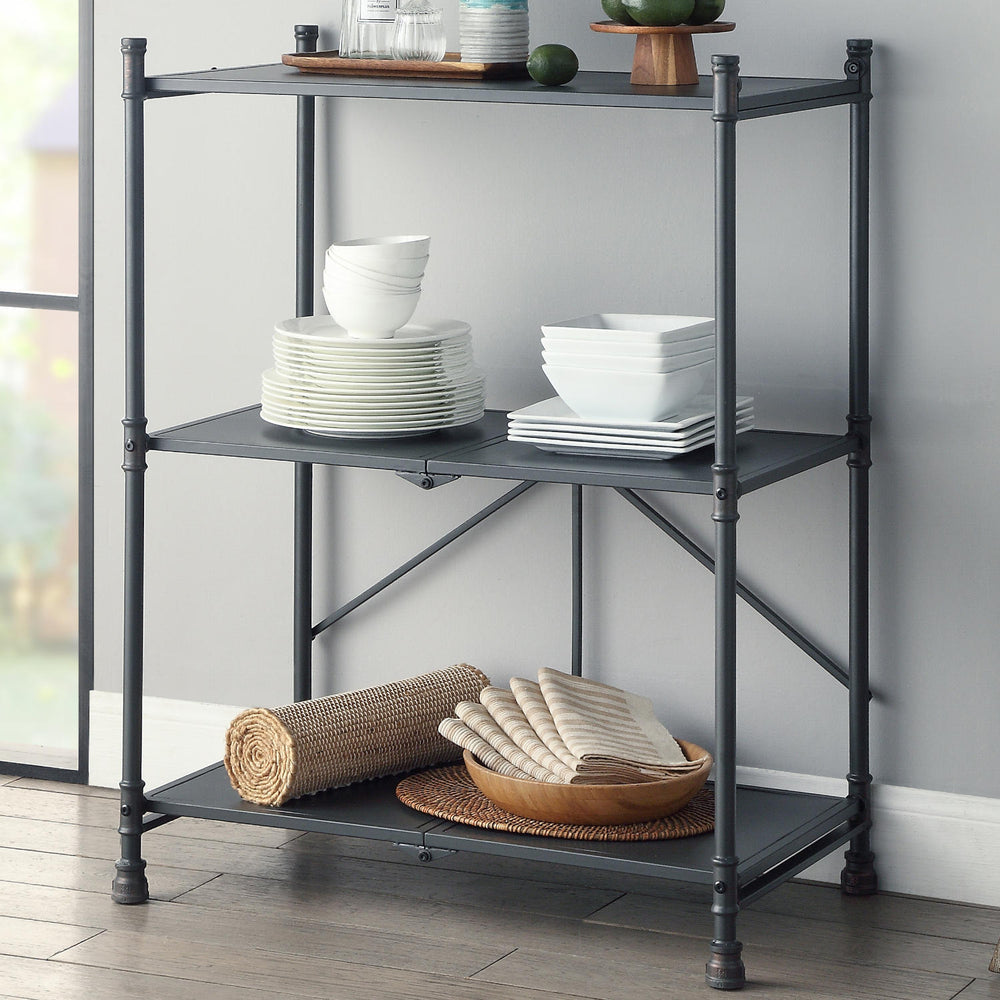 English Elm 3 Tier Folding Console Table Rustic Industrial Water-Pipe Frame, Hand-Brushed Shelves for Storage and Display B016P313526