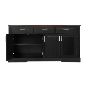 English Elm 63" Fluted Sideboard Buffet Cabinet with Coffee Bar Storage, 4 Doors 3 Drawers, Smooth Silent Slides Black W2917P319112