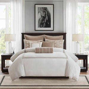 English Elm 9-piece King Bedding Set Velvet Slub Fabric Embroidered Comforter with Euro Shams Tan+Ivory B035P482956