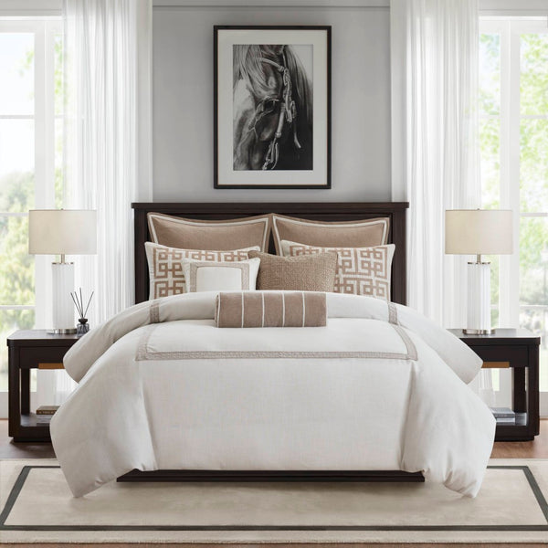 English Elm 9-piece King Bedding Set Velvet Slub Fabric Embroidered Comforter with Euro Shams Tan+Ivory B035P482956