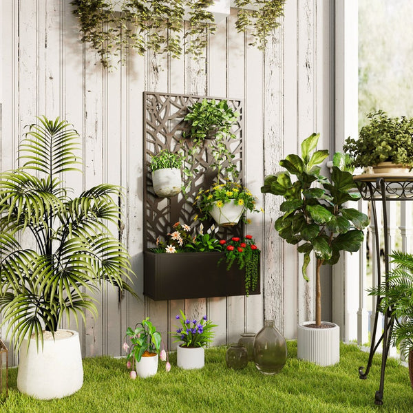 English Elm Outsunny Powder Coated Metal Raised Garden Bed with Trellis and Decorative Tree Panel W2225P485561
