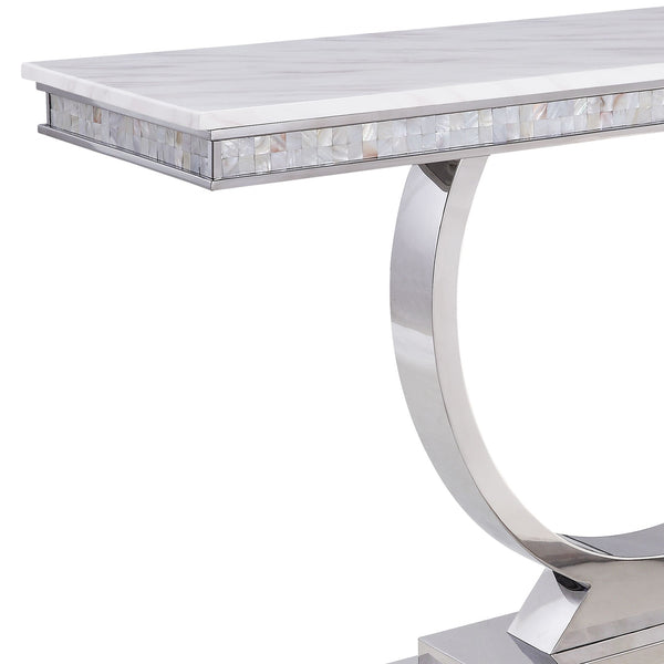 English Elm Zander Cultured Faux Marble Top Coffee Table with Mirrored Stainless Steel Frame, Minimal Chic Silver,White 34 L x 16 W x 7 H B2726S00225