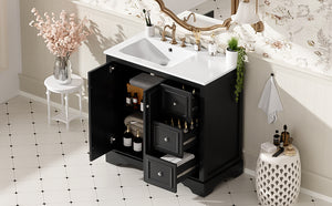 English Elm 36'' Transitional Bathroom Vanity with Ceramic Sink, Solid Wood Frame, Adjustable U-Shelf & Soft-Close Doors Black N729P292966B