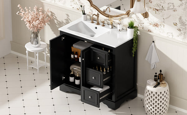 English Elm 36'' Transitional Bathroom Vanity with Ceramic Sink, Solid Wood Frame, Adjustable U-Shelf & Soft-Close Doors Black N729P292966B