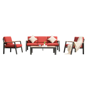 English Elm 4 Pieces Aluminum Outdoor Patio Furniture Set with 3-Seat Sofa, Table & Plush 7" Cushions, Red – Modern Durable Design for Garden Relaxation W1859S00089