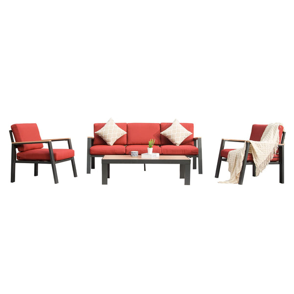 English Elm 4 Pieces Aluminum Outdoor Patio Furniture Set with 3-Seat Sofa, Table & Plush 7" Cushions, Red – Modern Durable Design for Garden Relaxation W1859S00089