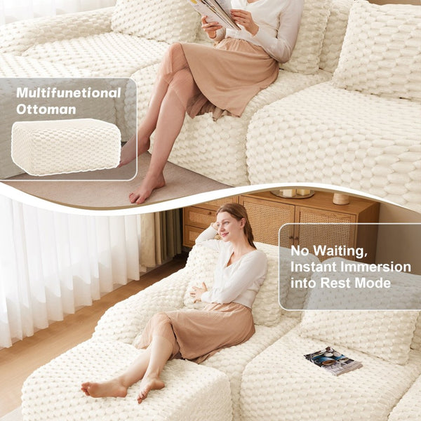 English Elm 82" Modular L-shaped Sectional Sofa Flannelette Upholstered with Movable Ottoman Living Room Cream W714S01517