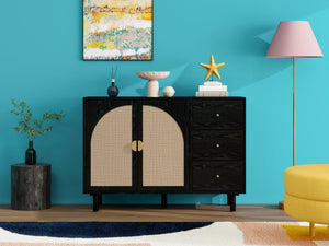 English Elm 2 Door 3 Drawer Cabinet with Engineered Rattan Finish, Pine Feet, Metal Semi-Circle Handles, Durable Black W688134396