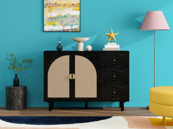 English Elm 2 Door 3 Drawer Cabinet with Engineered Rattan Finish, Pine Feet, Metal Semi-Circle Handles, Durable Black W688134396