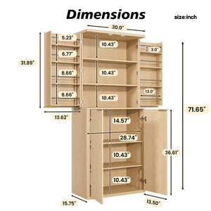 English Elm 72" Fluted Pantry Cabinet Tall Freestanding Kitchen Organizer with Sculpted Wood Doors Oak W1820P379274