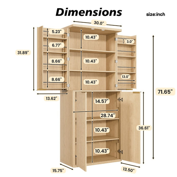 English Elm 72" Fluted Pantry Cabinet Tall Freestanding Kitchen Organizer with Sculpted Wood Doors Oak W1820P379274