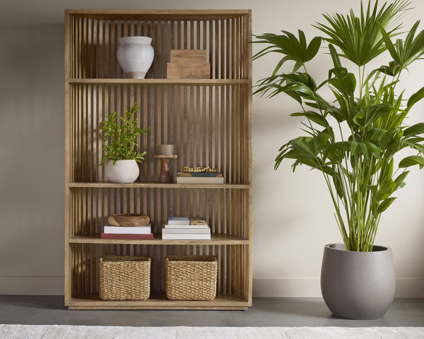 Sunpan TESSA Bookcase - Artisan Crafted Natural Mango Wood with Curved Frame for Stylish Storage Solutions 112590