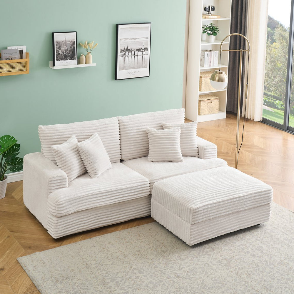 English Elm 82-Inch White Corduroy Sofa With Storage Footstool & 4 Pillows - Stylish Comfort For Any Space! W1658S00106