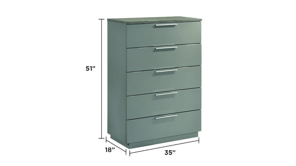 English Elm Elara Two-Tone High-Gloss Marble & Lacquer Chest with 5 Spacious Drawers, Velvet Lined Top, Metal Legs G150108689