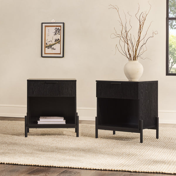 24" Reeded Wood 1 Drawer Nightstand - Set of 2 Black PRSB4CBL2-2PK Walker Edison