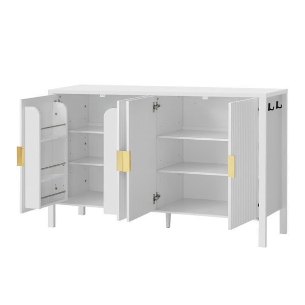 English Elm U_style Striped Four Door Sideboard Mdf Buffet Cabinet with Adjustable Shelves for Dining White N711P345170K