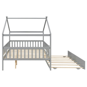 English Elm Full Size Pine House Bed with Roofline Frame and Roll Out Twin Trundle for Kids Gray LP100306AAE