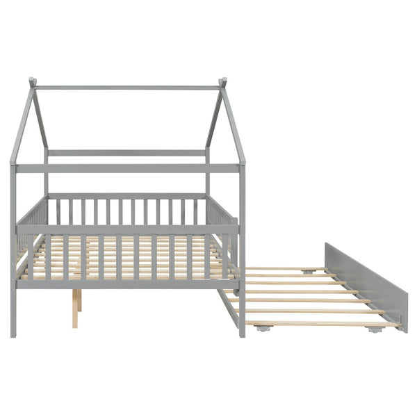English Elm Full Size Pine House Bed with Roofline Frame and Roll Out Twin Trundle for Kids Gray LP100306AAE