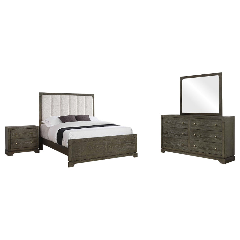 English Elm Arabesque Queen Bedroom Set with Led Tufted Headboard Mirrored Trim Crystal Hardware B062S01543