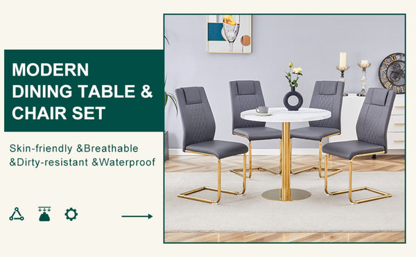 English Elm Table 5-Piece Set: Elegant 31.5-Inch Round Marble Dining Table With 4 Gray Pu Chairs & Gold Legs W1151S02493-GIGA