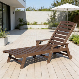 English Elm Patio Hdpe Chaise Lounge Outdoor Reclining Poolside Chair with Built-in Cup Holder Brown W1859P478442